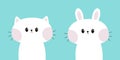 White cat kitten kitty bunny rabbit icon set. Pink cheek. Funny face. Kawaii cute cartoon baby character. Happy Valentines Day.