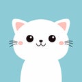 White cat kitten, kitty. Cartoon kawaii funny smiling baby character. Cute face head. Kids collection. Sticker print. Meow. Flat Royalty Free Stock Photo