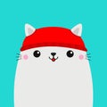 White cat kitten kitty head face. Red hat. Merry Christmas. Happy New Year. Greeting card. Cute cartoon kawaii baby character. Royalty Free Stock Photo