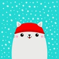 White cat kitten kitty head face. Red hat. Merry Christmas. Happy New Year. Greeting card. Cute cartoon kawaii baby character. Royalty Free Stock Photo