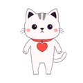 White cat kitten kitty wearing red heart locket. Funny head face. Happy Valentines Day. Contour line doodle. Cute cartoon kawaii