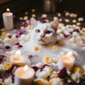 A white cat laying in a bath filled with flowers and candles. AI generative image.