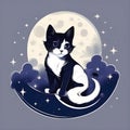 A white cat lounges on a crescent moon amidst stars, mystical night sky. Fantasy art for dreamy or magical themes