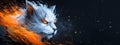 white cat with orange eyes against black backdrop, orange-yellow fire emanating from its orbs Royalty Free Stock Photo