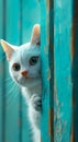 A white cat peeking out from behind a wooden door Royalty Free Stock Photo