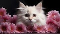 White cat with pink chrysanthemums on a black background Royalty Free Stock Photo