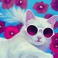 White cat with pink sunglasses