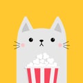 White cat and popcorn box. Cute cartoon funny character. Cinema theater. Film show. Kitten watching movie. Kids print for tshirt Royalty Free Stock Photo