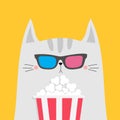 White cat and popcorn. Cinema theater. Cute cartoon funny character. Film show. Kitten watching movie in 3D glasses. Kids print Royalty Free Stock Photo