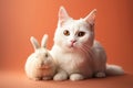 White cat and rabbit together on studio orange background. Generate ai