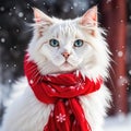 White Cat With Red Winter Scarf