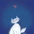 White cat, sad and brokenhearted against blue surface