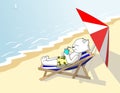 White cat in shorts with pineapples sunbathes on the beach under a chaise longue.