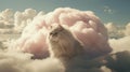 White cat sits contentedly atop a fluffy cloud platform, AI-generated.