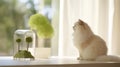 A white cat sitting on a desk looking at plants, AI Royalty Free Stock Photo