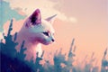 a white cat is sitting in a field of flowers and plants with a pink sky in the background and a pink sky in the backgrou