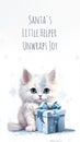 A white cat sitting next to a blue gift box. Christmas caption, greeting text. Royalty Free Stock Photo
