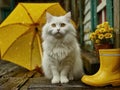 A white cat sitting next to a yellow umbrella and yellow rain boots Royalty Free Stock Photo