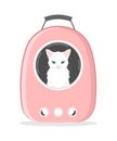 A white cat sitting in a plastic pink carrier backpack with a transparent window on a white background. Flat vector illustration