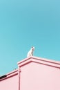 White cat sitting on rooftop of a pink house on blue sky background. Minimalist artistic metaphoric image for freedom balance