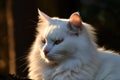 a white cat is sitting in the sun with its eyes open and a blurry background is in the foreground of the image and the cat is