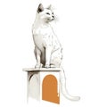 a white cat sitting on top of a small wooden structure with an orange door on the side of the cat house and a black and white cat Royalty Free Stock Photo