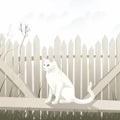 a white cat sitting on a wooden bench in front of a white picket fence with a tree in the background and grass in the foreground Royalty Free Stock Photo