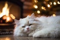 A white cat is sleeping near the fireplace ai created Royalty Free Stock Photo