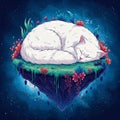 A white cat sleeps peacefully on a small, floating patch of earth surrounded by vibrant, Royalty Free Stock Photo