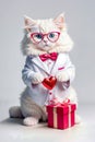 White cat in a suit, tie and glasses holds a red heart in his hands and sits next to a gift box Royalty Free Stock Photo