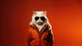 White Cat In Sunglasses Wearing Clothes Orange Background