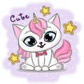 White cat unicorn with pink mane and stars. Vector illustration Royalty Free Stock Photo