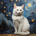 white cat in Van Gogh style