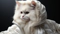 A white cat wearing a white fur coat, looking stylishly chic on a runway Royalty Free Stock Photo