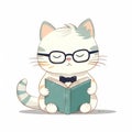 a white cat wearing glasses and reading a book with a bow tie on its head and a book in its paws, sitting down, with its eyes Royalty Free Stock Photo