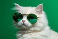 White cat wearing green sunglasses on green background
