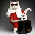 White cat wearing Santa Claus clothes, white scarf and  sunglasses posing on grey background Royalty Free Stock Photo