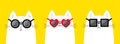 White cat wearing sunglasses eyeglasses. Round, heart square shape sunglass set. Blue black red magic lenses. Cute cartoon kawaii