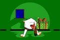 A white cat is yawning with a present beside and green background. Vector Illustrator