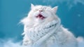 The white cat yawns with his mouth open on a blue background. Generative AI