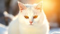 A white cat with yellow eyes is sitting in the snow Royalty Free Stock Photo