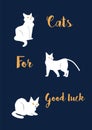 White cats. Lucky symbols, animals in different poses, hand drawn text, happy little kittens. Phrase calligraphic