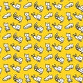 White cats on yellow font hand drawn seamless pattern