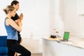 White caucasian couple do tree pose yoga at home Royalty Free Stock Photo