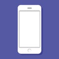 A white cell phone with a shadow on a purple background is shown Royalty Free Stock Photo