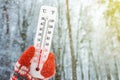 White celsius and fahrenheit scale thermometer in hand. Ambient temperature minus 5 degrees Royalty Free Stock Photo