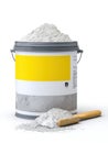 White Cementitious Waterproofing Mix in Container With Application Tool on White Background Royalty Free Stock Photo