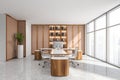 White CEO office with wooden details and symmetric light brown cabinet