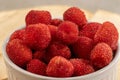 White ceramic bowl filled with fresh ripe raspberries on a wooden table top Royalty Free Stock Photo