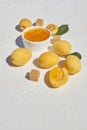 White ceramic bowl with homemade organic apricot jam and ripe apricots and brown sugar on white background. Copy space for your